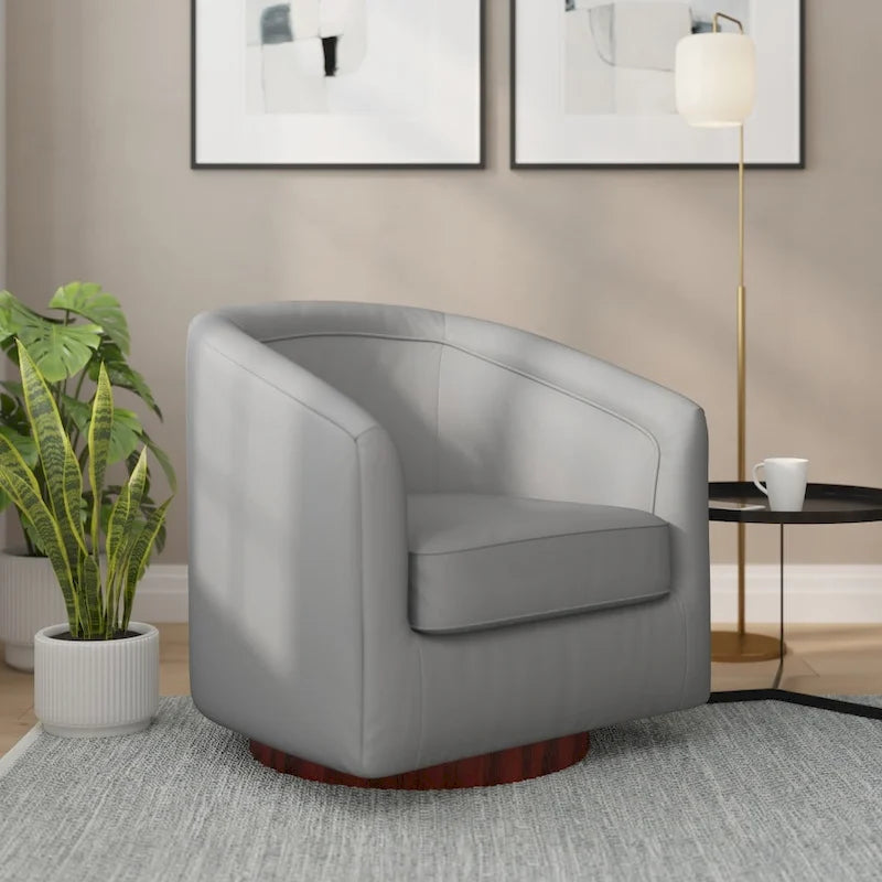 Swivel Barrel Accent Chair with Vinyl Wrapped Base