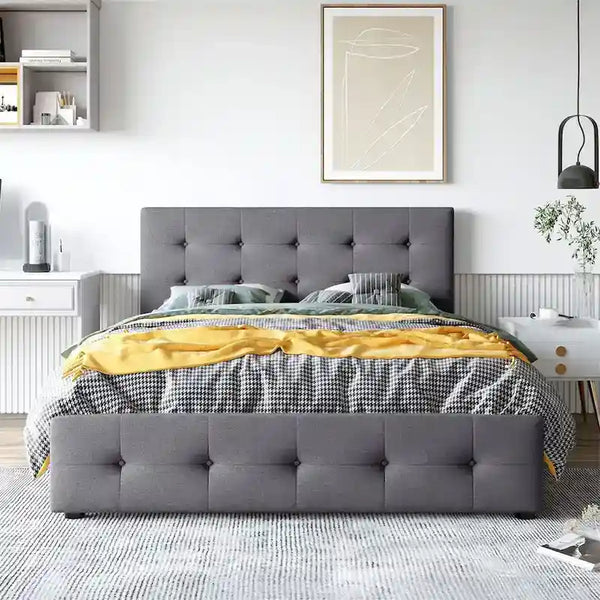 Queen Tufted Upholstered Platform Bed with Four Drawers