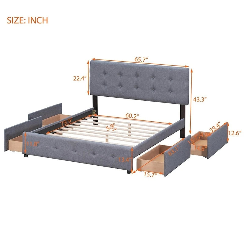Queen Tufted Upholstered Platform Bed with Four Drawers