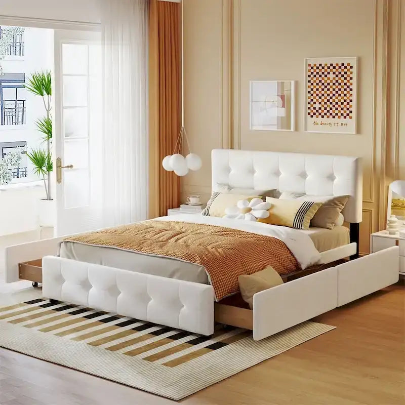 Queen Tufted Upholstered Platform Bed with Four Drawers