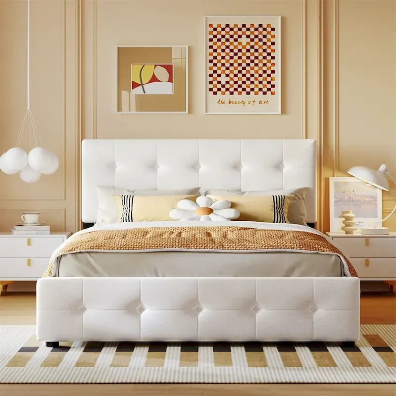 Queen Tufted Upholstered Platform Bed with Four Drawers