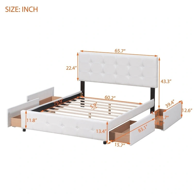 Queen Tufted Upholstered Platform Bed with Four Drawers