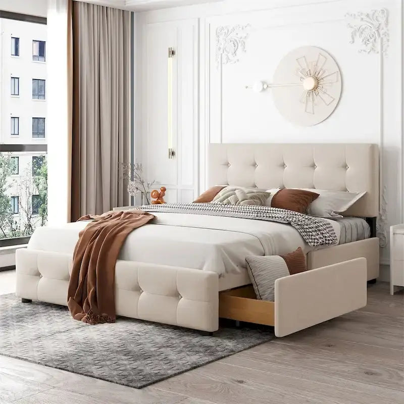 Queen Tufted Upholstered Platform Bed with Four Drawers