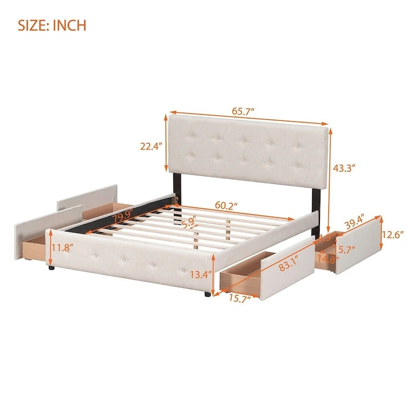 Queen Tufted Upholstered Platform Bed with Four Drawers