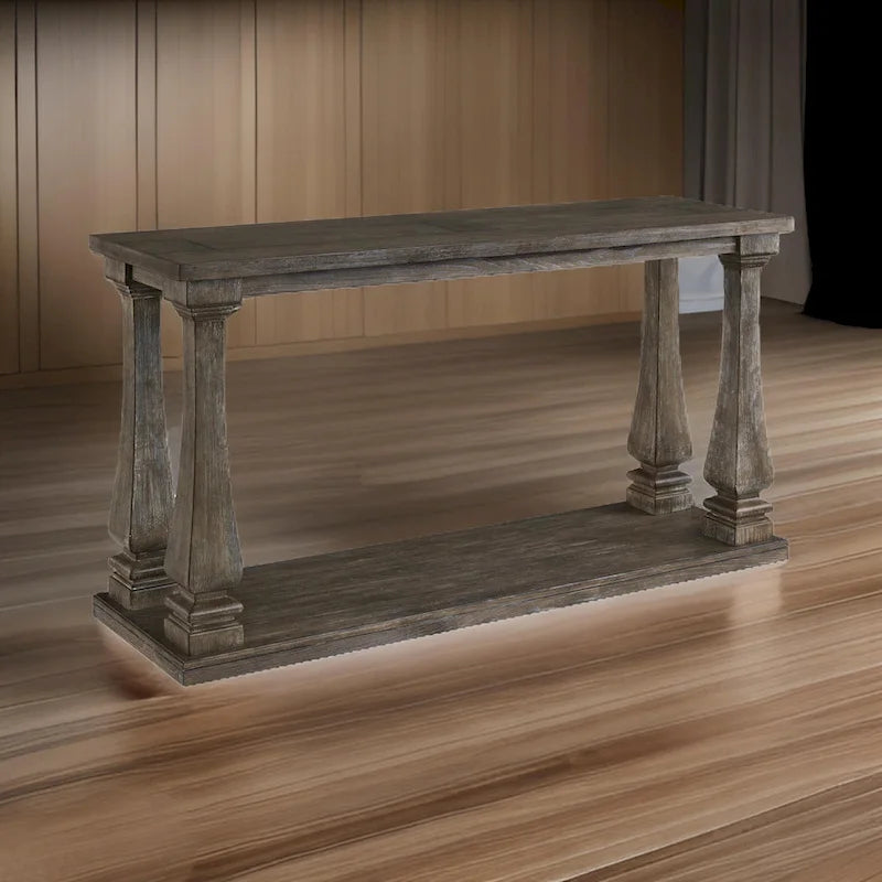 Rectangular Wooden Sofa Table with Square Baluster Legs, Gray