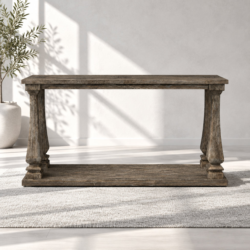 Gray Wood Sofa Table with Open Shelf and Baluster Legs