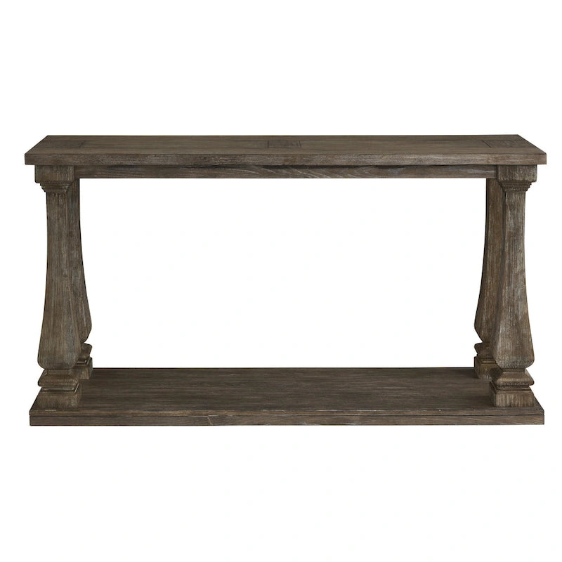 Gray Wood Sofa Table with Open Shelf and Baluster Legs