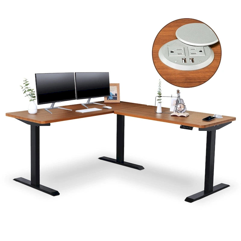 L-Shaped Electric Standing Desk with Solid Wood Desktop