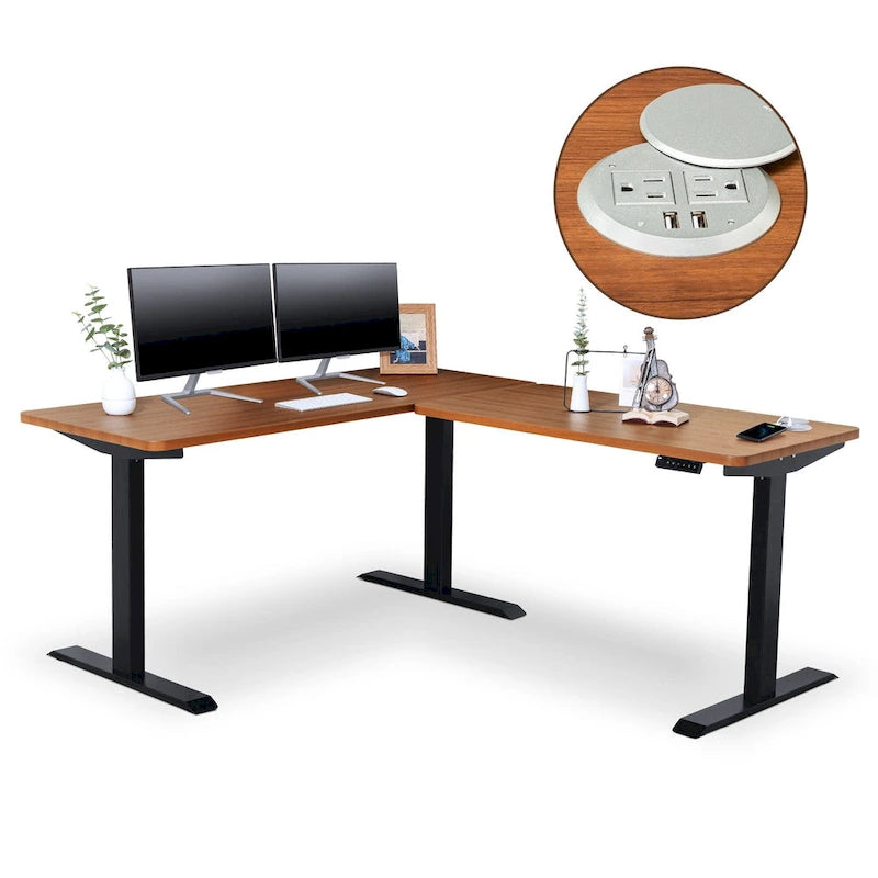 L-Shaped Electric Standing Desk with Solid Wood Desktop