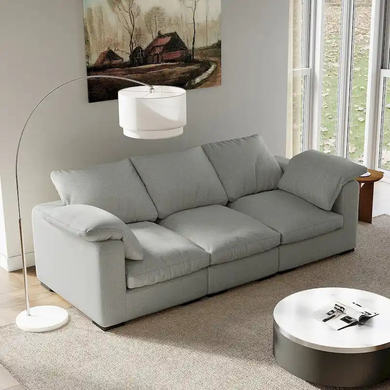 Modern Deep-Seat Three-Seater Linen Blend Sofa