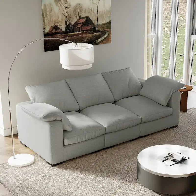 Modern Deep-Seat Three-Seater Linen Blend Sofa