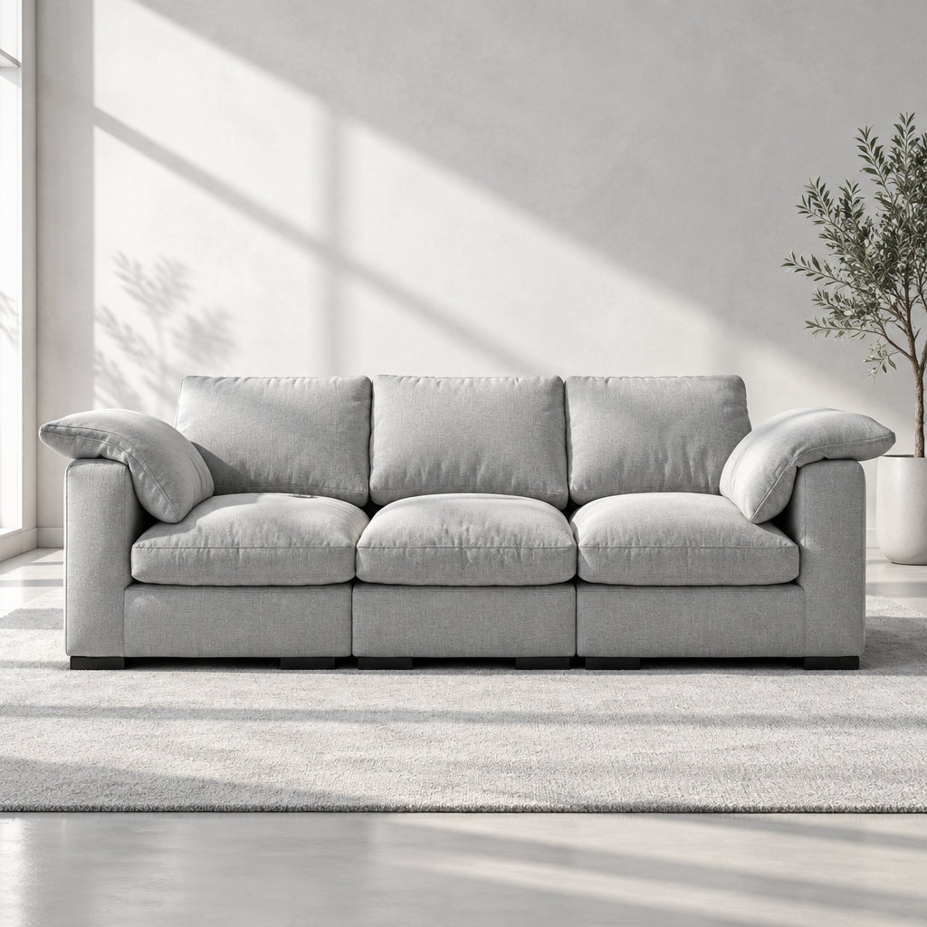 Modern Deep-Seat Three-Seater Linen Blend Sofa