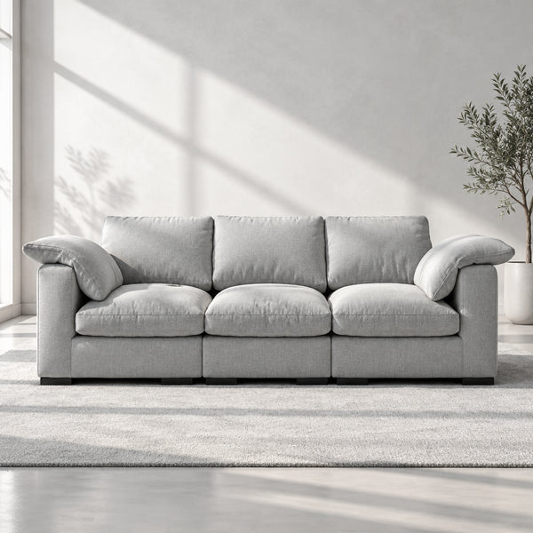 Nowoczesna trzyosobowa sofa z głębokim siedziskiem i tapicerką z mieszanki lnu
