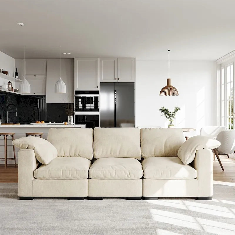 Modern Deep-Seat Three-Seater Linen Blend Sofa