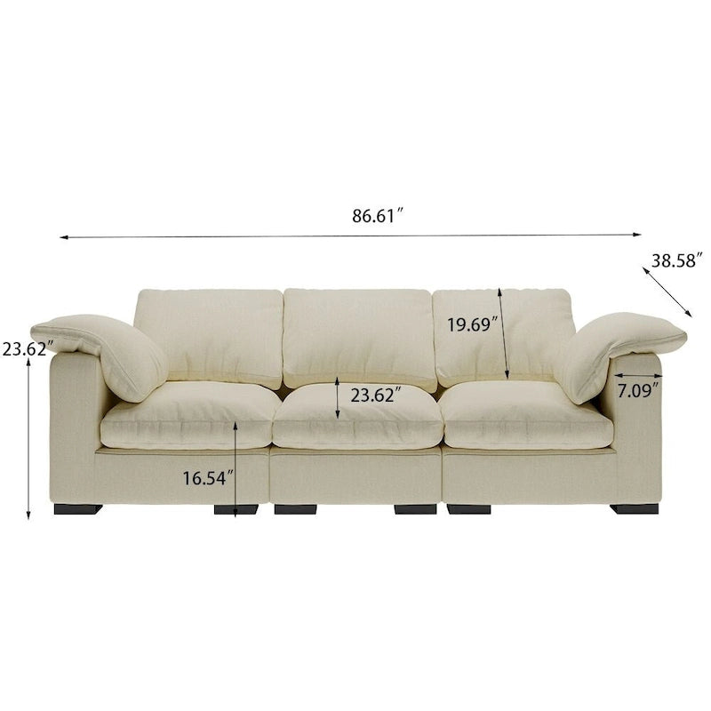 Modern Deep-Seat Three-Seater Linen Blend Sofa