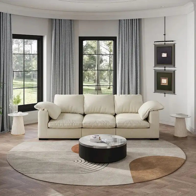 Modern Deep-Seat Three-Seater Linen Blend Sofa