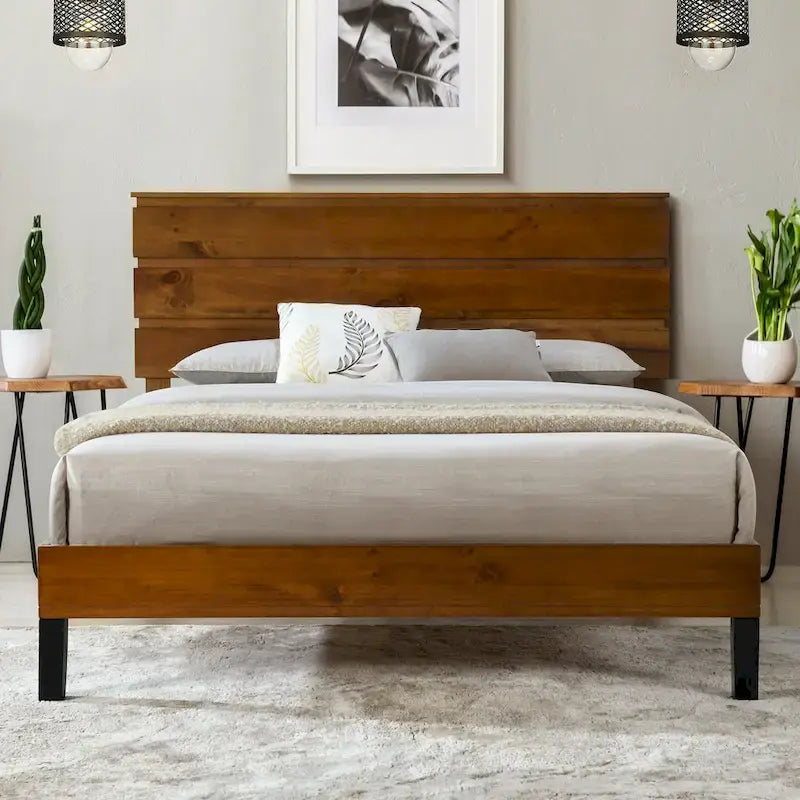Mid-Century Modern Solid Wood Bed Frame Platform Bed with 3-Piece Headboard Design