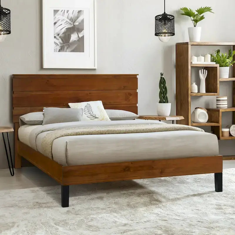 Solid Wood Platform Bed Frame with Three-Piece Headboard