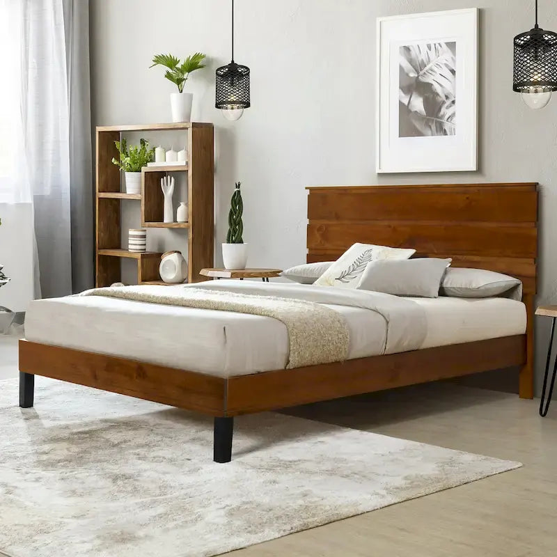 Solid Wood Platform Bed Frame with Three-Piece Headboard