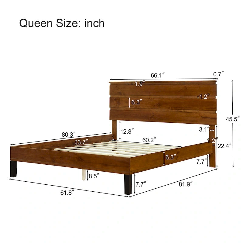 Solid Wood Platform Bed Frame with Three-Piece Headboard