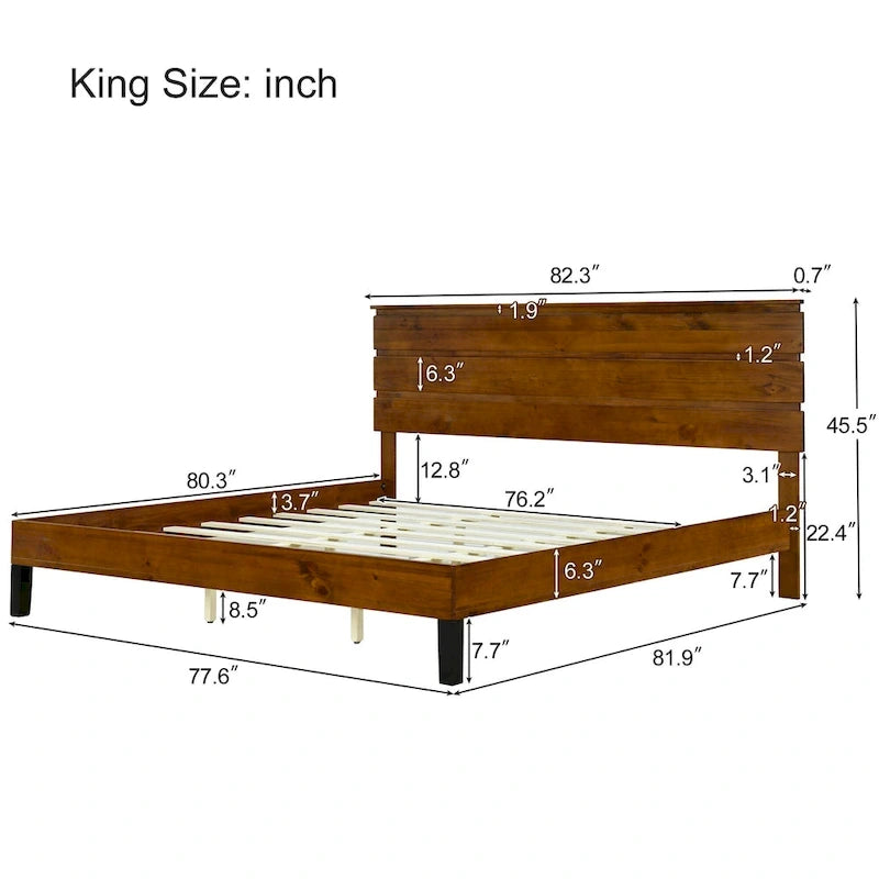 Solid Wood Platform Bed Frame with Three-Piece Headboard