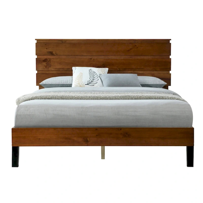 Solid Wood Platform Bed Frame with Three-Piece Headboard