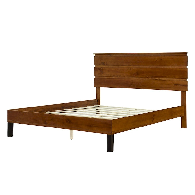 Solid Wood Platform Bed Frame with Three-Piece Headboard
