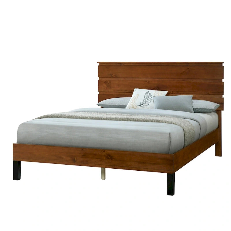 Solid Wood Platform Bed Frame with Three-Piece Headboard
