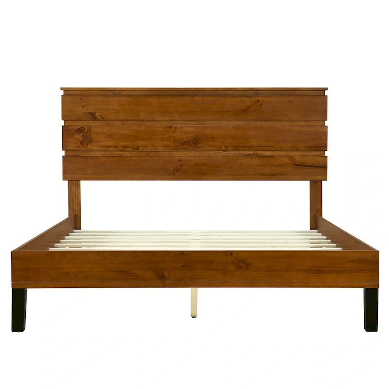 Solid Wood Platform Bed Frame with Three-Piece Headboard