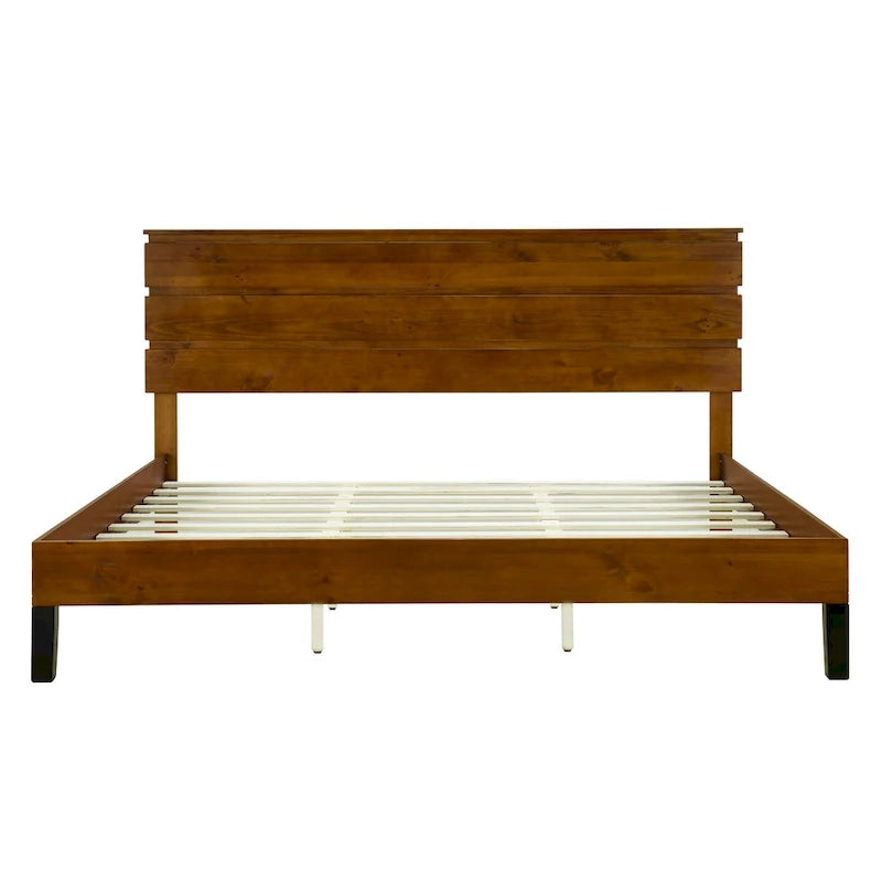 Solid Wood Platform Bed Frame with Three-Piece Headboard