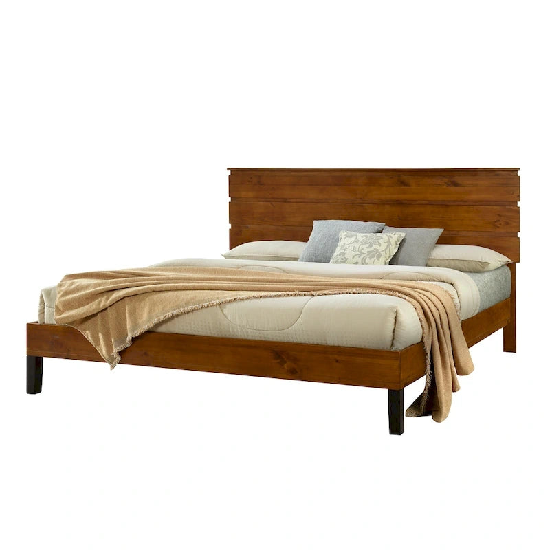Solid Wood Platform Bed Frame with Three-Piece Headboard