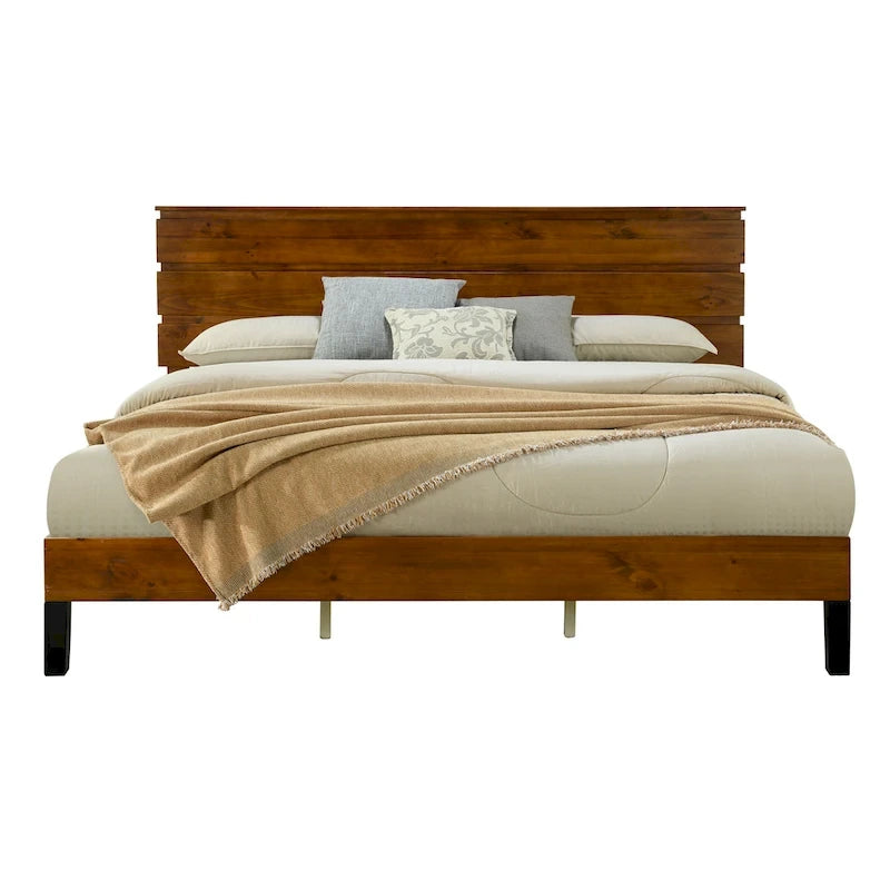 Solid Wood Platform Bed Frame with Three-Piece Headboard