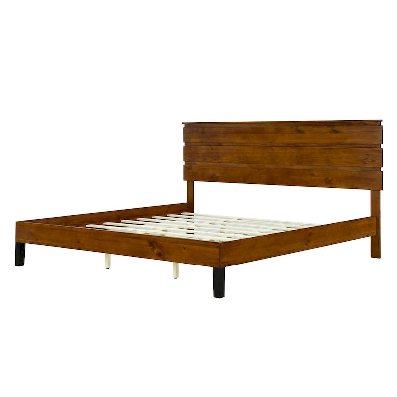 Solid Wood Platform Bed Frame with Three-Piece Headboard