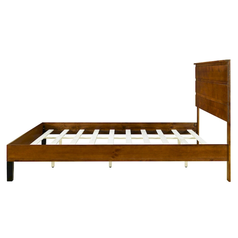 Solid Wood Platform Bed Frame with Three-Piece Headboard